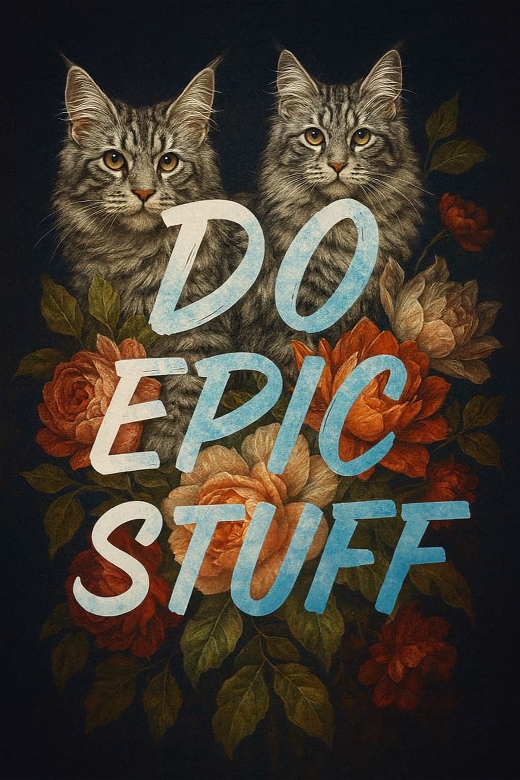 Motivational Maine coon cat poster with floral background andbold blue "Do Epic Stuff" text, featuring silver tabby Maine Coons, luxury pet art for cat lovers made by Top Shelf Maine Coons