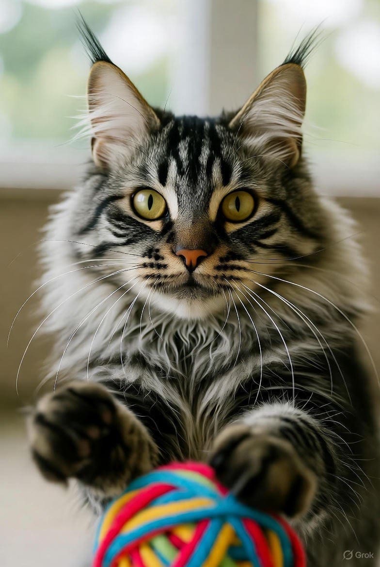 Classic tabby Maine Coon playing with a ball of yarn - Maine Coon tips for new owners in Alberta cattery.
